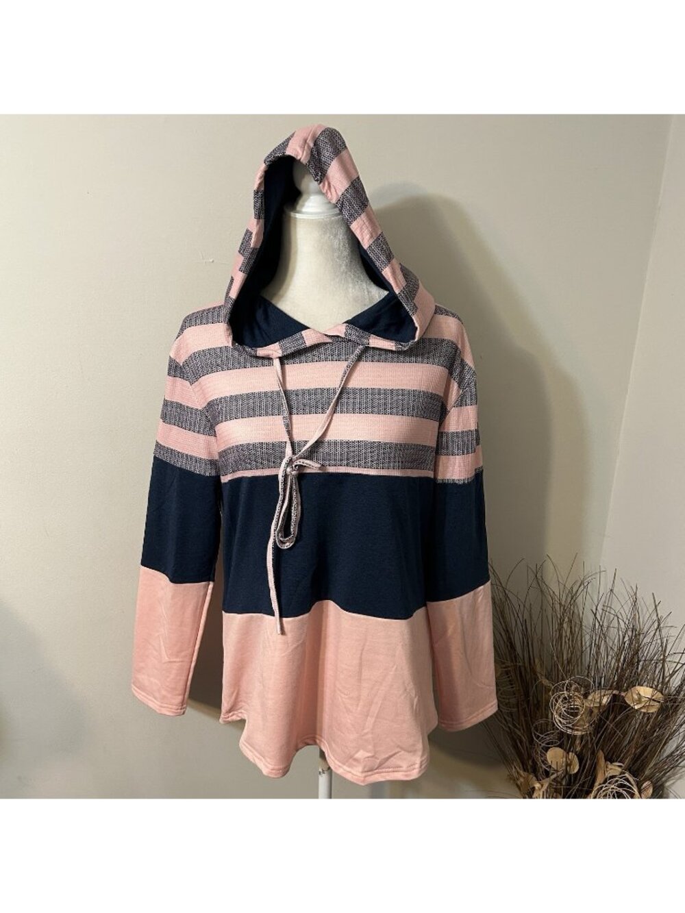 New Unbranded Women Rose Pink Blue Color Block Drawstring Hoodie Sweatshirt Sz S